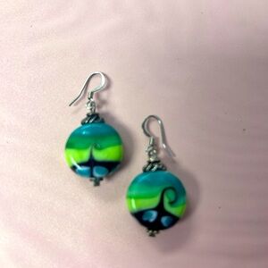 Glass earrings wave teal green blue details hand made